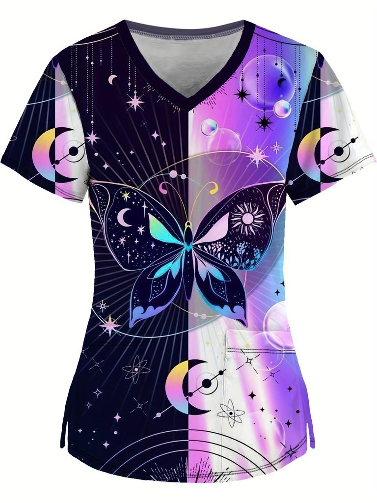 Fashion butterfly Short-Sleeve TShirt Commuting Work V-Neck Top Short Sleeves Woman