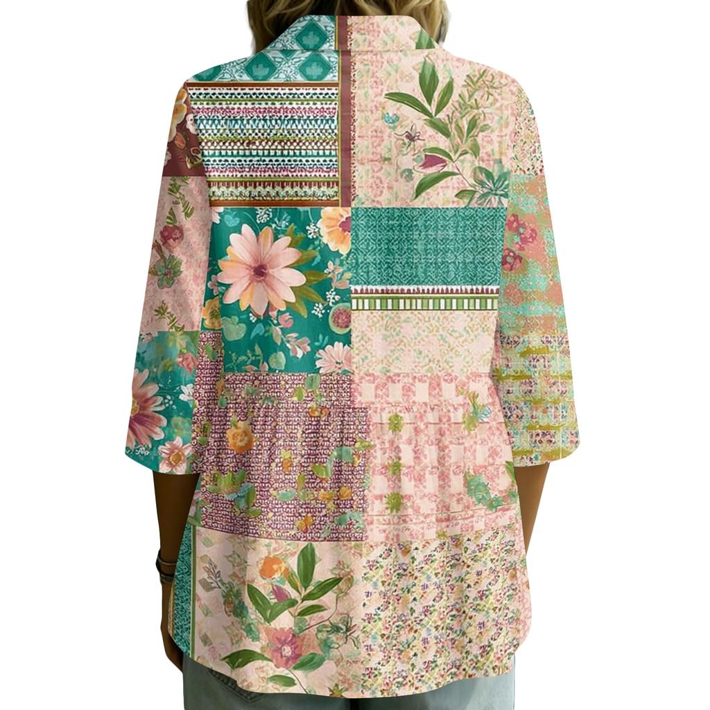 Women's Button Front Shirt Patchwork Print Loose Fit Three Quarter Sleeve Blouse Collared Neck Casual Top