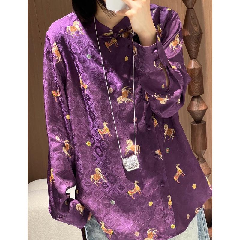 Golden Saddle Embroidered Stand Collar Shirt with Frog Button - New Chinese Style Long Sleeve Top (2026 Design)
