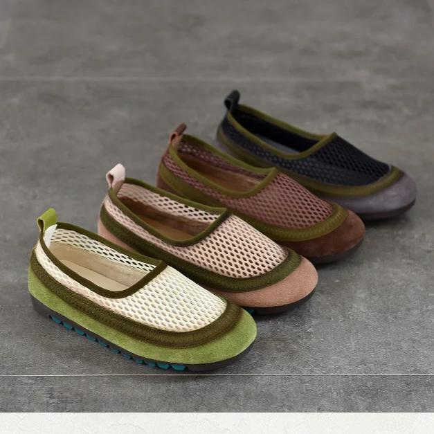 Johnature Breathable Mesh Flat Sandals Mixed Colors Round Toe Soft Soled Women's Slip-on Shoes