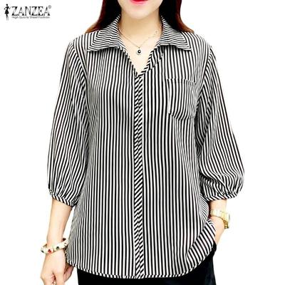 Women Turn Down Collar 3/4 Sleeve Loose Stripe Blouse