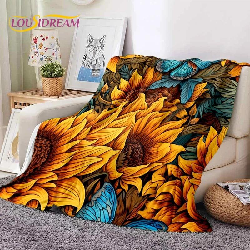 Traum Sonnenblumen Nordische Gänseblümchen Weiche Flanelldecke für Bett Schlafzimmer Sofa Picknick, Tagesdecke zum Zudecken Outdoor Freizeit Nickerchen Geschenk