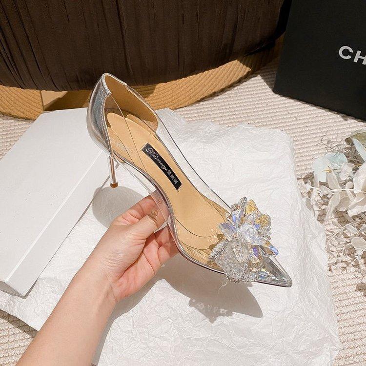 Rhinestone Transparent High Heels Pointed Stiletto Wedding Shoes Fashion Single Shoes Trend
