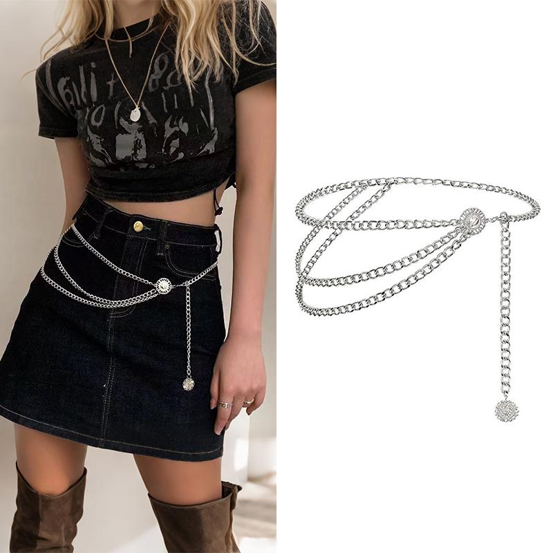Sparkling Multilayered Metal Waist Chain Rhinestone Decor Golden Silvery Metal Chain Punk Dress Girdle For Women