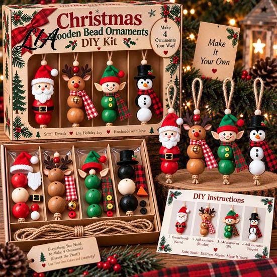 Wooden Bead Craft Kit Christmas Ornament DIY Kit, Make 4 Beaded Pendants, Wood Kits for Holidays Handmade Holiday Hanging Decorations Tree Mantel