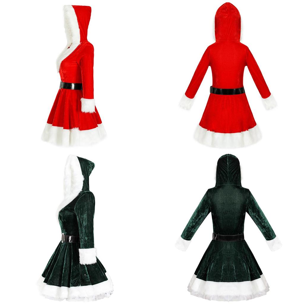 Festive Women's Girls Santa Claus Christmas Costume With Soft Velvet And Faux Fur Trim