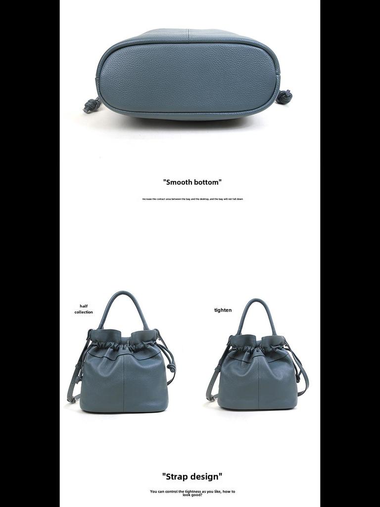 Women's Classic Fold Leather Bucket Bag: New Style, First Layer Cowhide, Trendy Solid Color Handheld Design