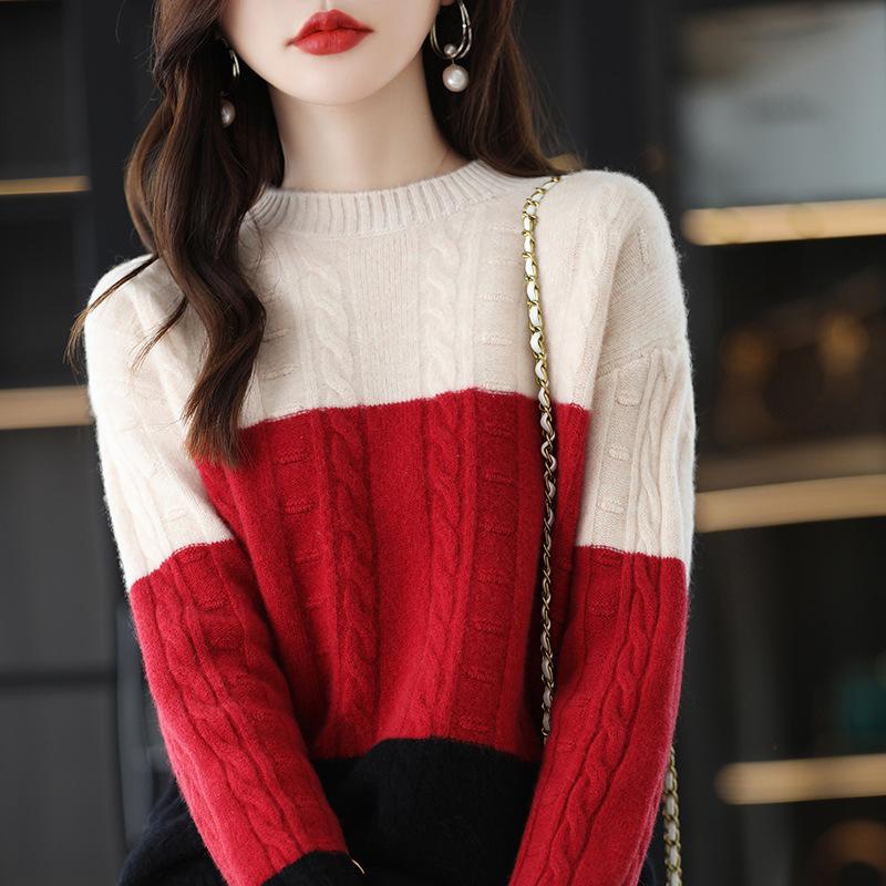 Color matching twist knitted bottoming shirt autumn and winter new loose femininity inner with crew neck sweater women's model