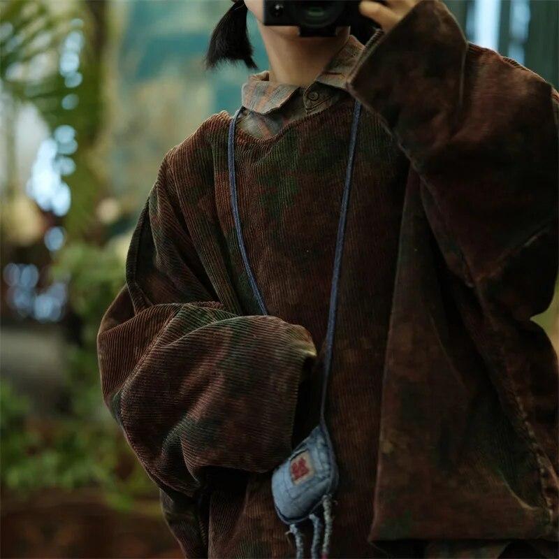 Johnature Dámský vintage květinový manšestrový zimní svetr s dlouhým rukávem a výstřihem do O-neck