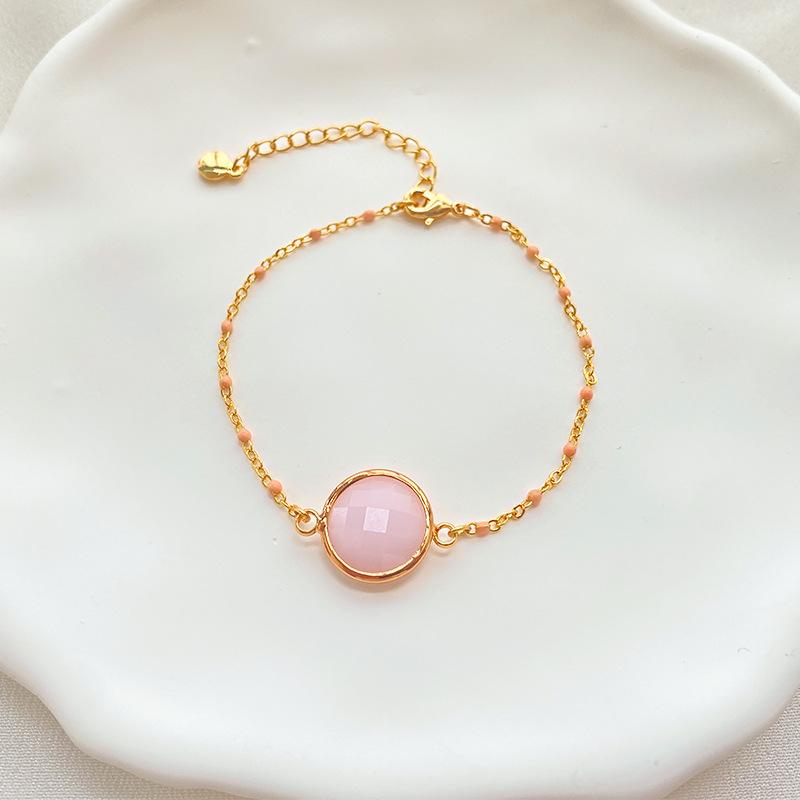 Pink Glass Round Sweet Ins Style Women 18k Gold Plated Simple Bracelet Jewelry розовый