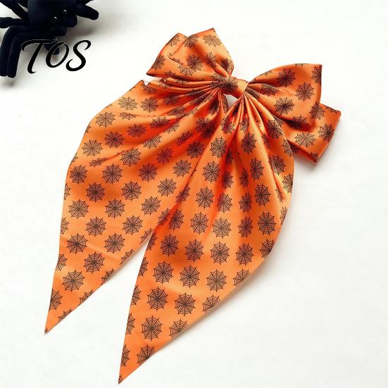 Halloween Hair Clip Silky Satin Bows for Women, Big Ribbon Bow Clips Girls, Hairstyle Accessory Oversized Long Tail Barrettes, Cute Ghost Bat