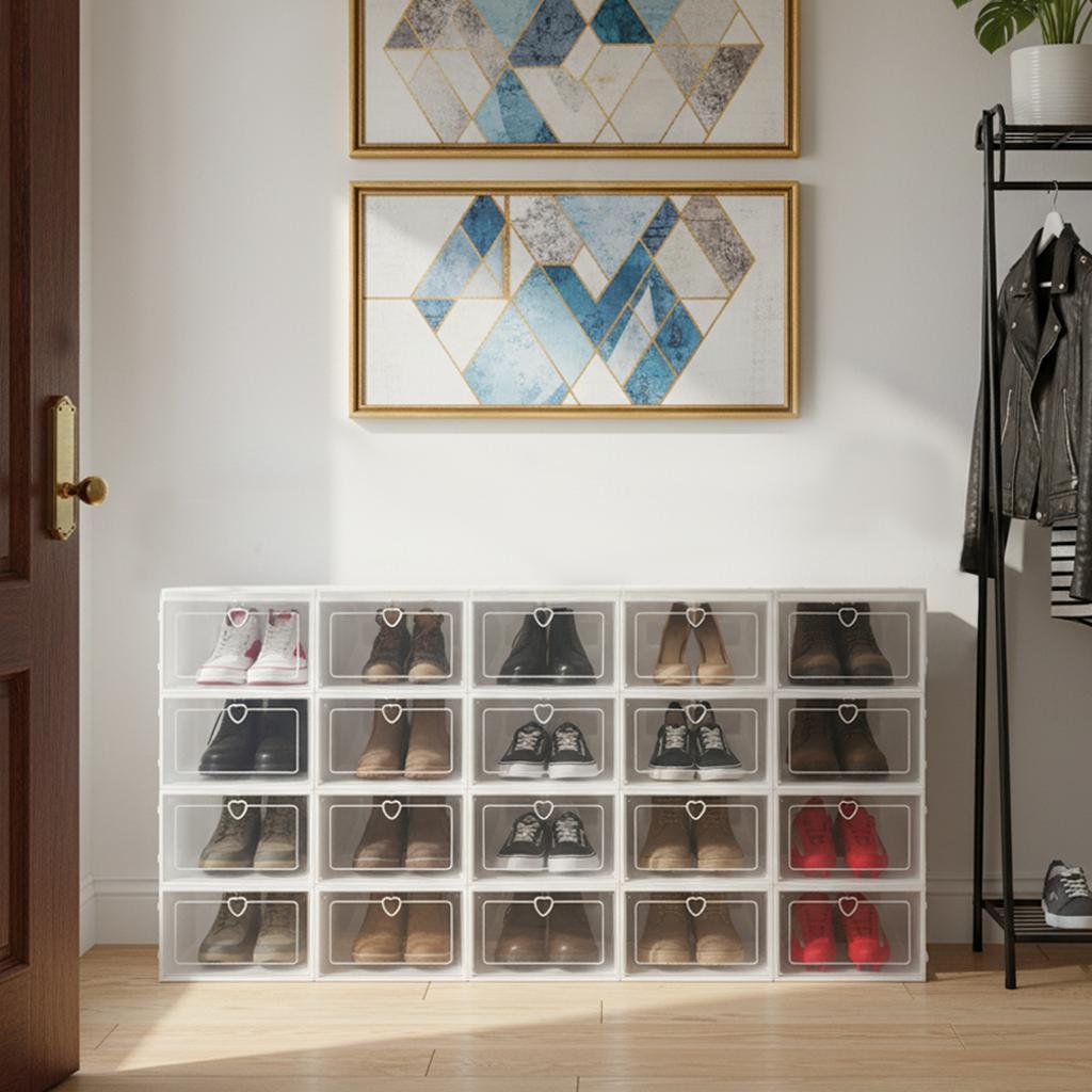 Bymaocar 20 Stück Faltbare Rechteckige Schuhbox Organizer, Stapelbare Klare Kunststoff-Schuhaufbewahrungsbox Organisation Freies Stapeln