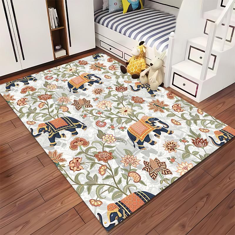 Floral Elephant Pattern Carpet, Artistic Bohemian Style Home Decor Suitable for use as an anti-slip for living room bedroom sofas