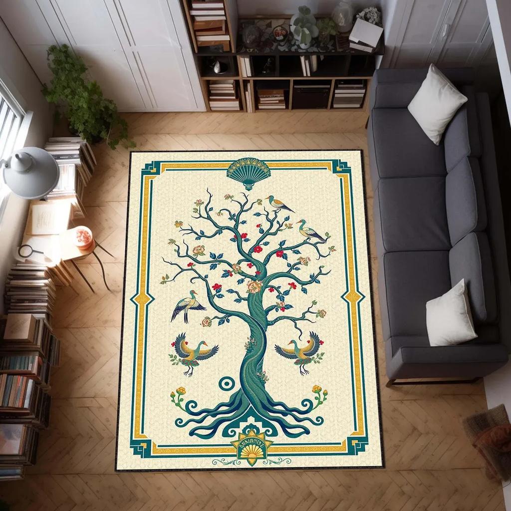 Tree of Life Rug Vintage Art Deco Area Carpet with Birds, Boho Nature Decor Carpet Spiritual Floor Rug, Sacred Symbol Floor Mat