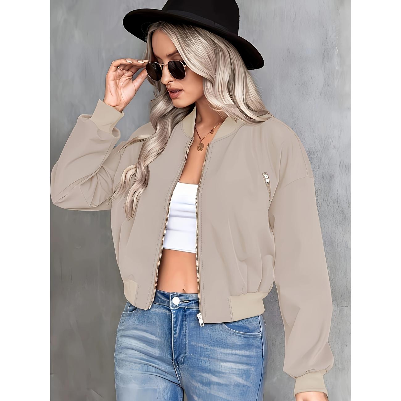 

Однотонные куртки с застежкой-молнией спереди, повседневные пальто с круглым вырезом и длинными рукавами для весны и осени, женская одежда XL абрикосовый