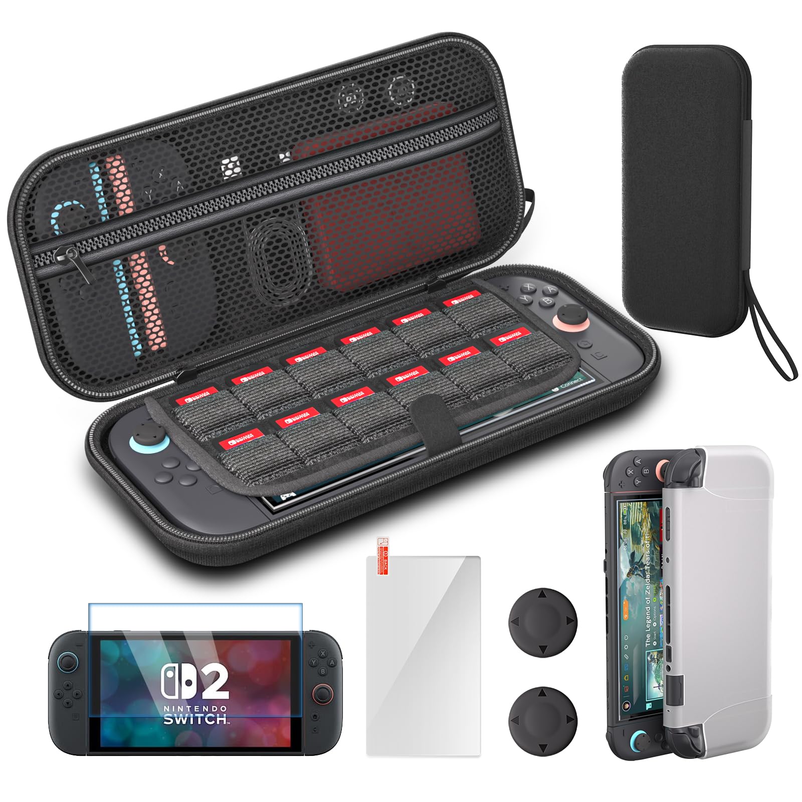 

Switch 2 NANANINO Жесткий Чехол для переноски Защитный Набор Чехлов и Противоударный Чехол для Nintendo Switch 2 Включает 2 Защитные Пленки из Закаленного Стекла и Накладки на Стики чёрный