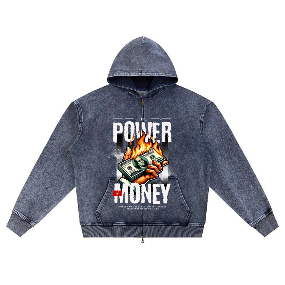 DTG Print Knitted Denim Zip-Up Hoodie The Power Of Money Brother Print Zipper Hoodies  