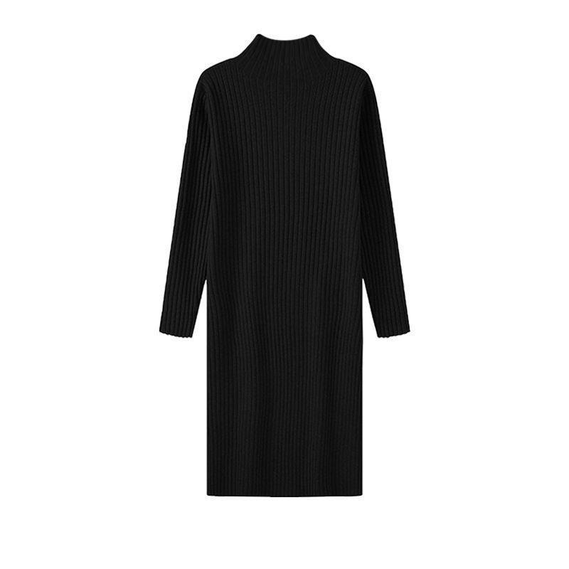 Women's Autumn & Winter Wool Knit Dress - Half-High Collar, Loose Long Sleeve, Mid-Length Base Layer Over the Knee.