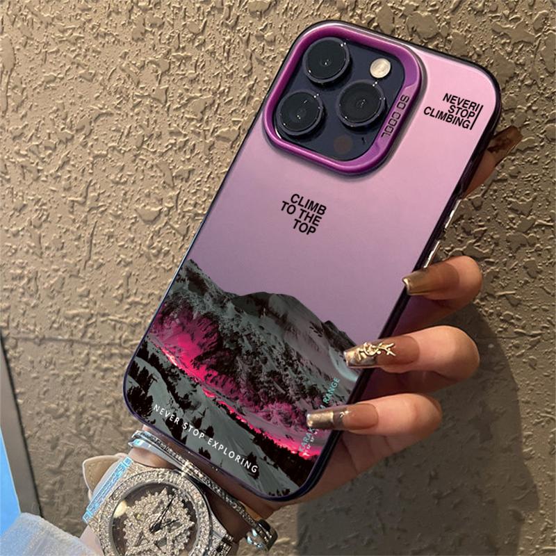 Snow Mountain Landscape Sunset Electroplate Silver Phone Case For iPhone 16 11 12 13 14 15 Pro Max 7 8 Plus X XS XR Back Cover