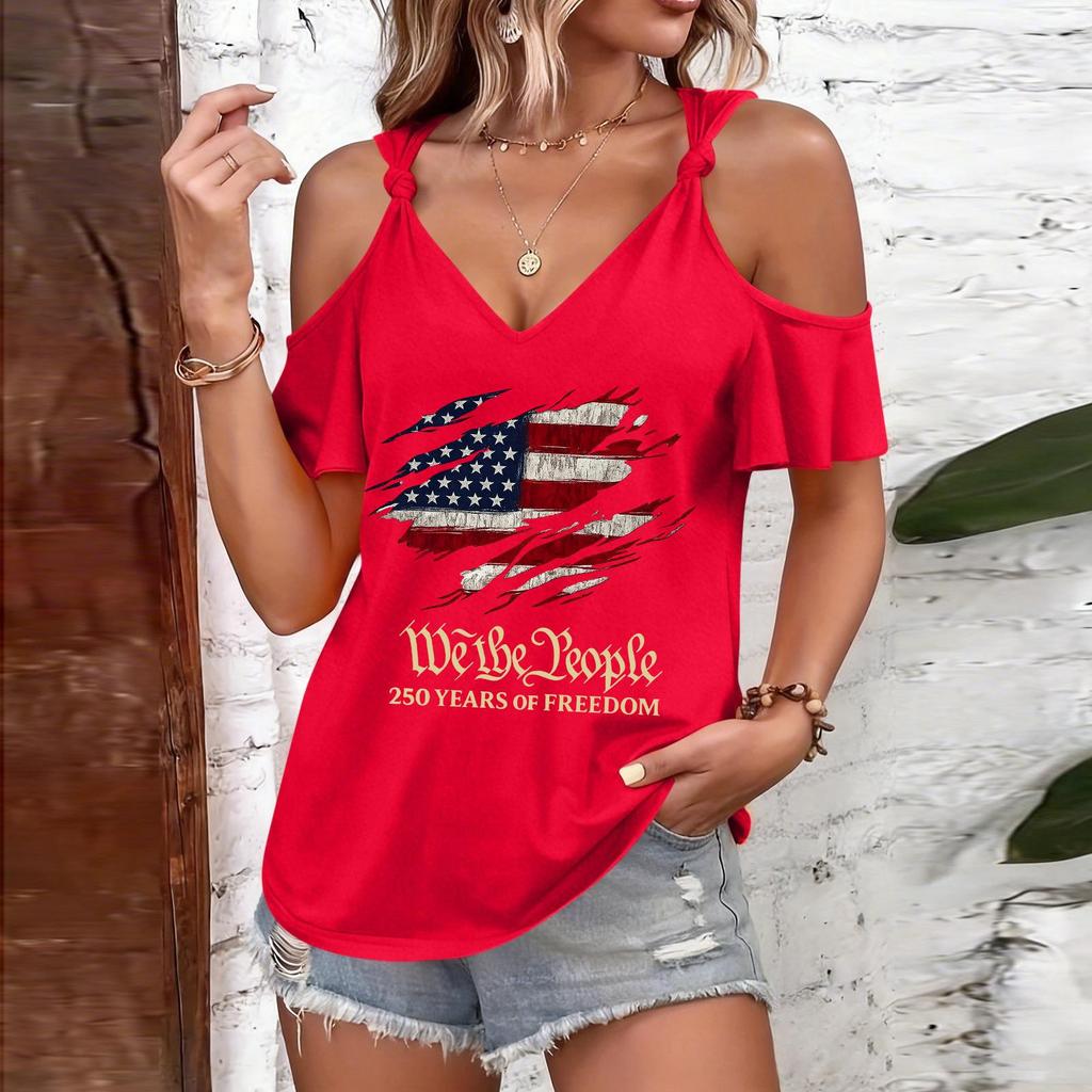 T-shirt décontracté pour femme à épaules dénudées et bretelles à nouer, manches courtes, col en V, imprimé drapeau américain, haut léger d'été