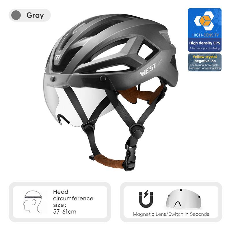 WEST BIKING Areo Bike Helmet With Magnetic Goggles Ultralight Integrated Molding Unisex Pro Team Cycling Helmet Bike Safety Cap 57-61cm серый