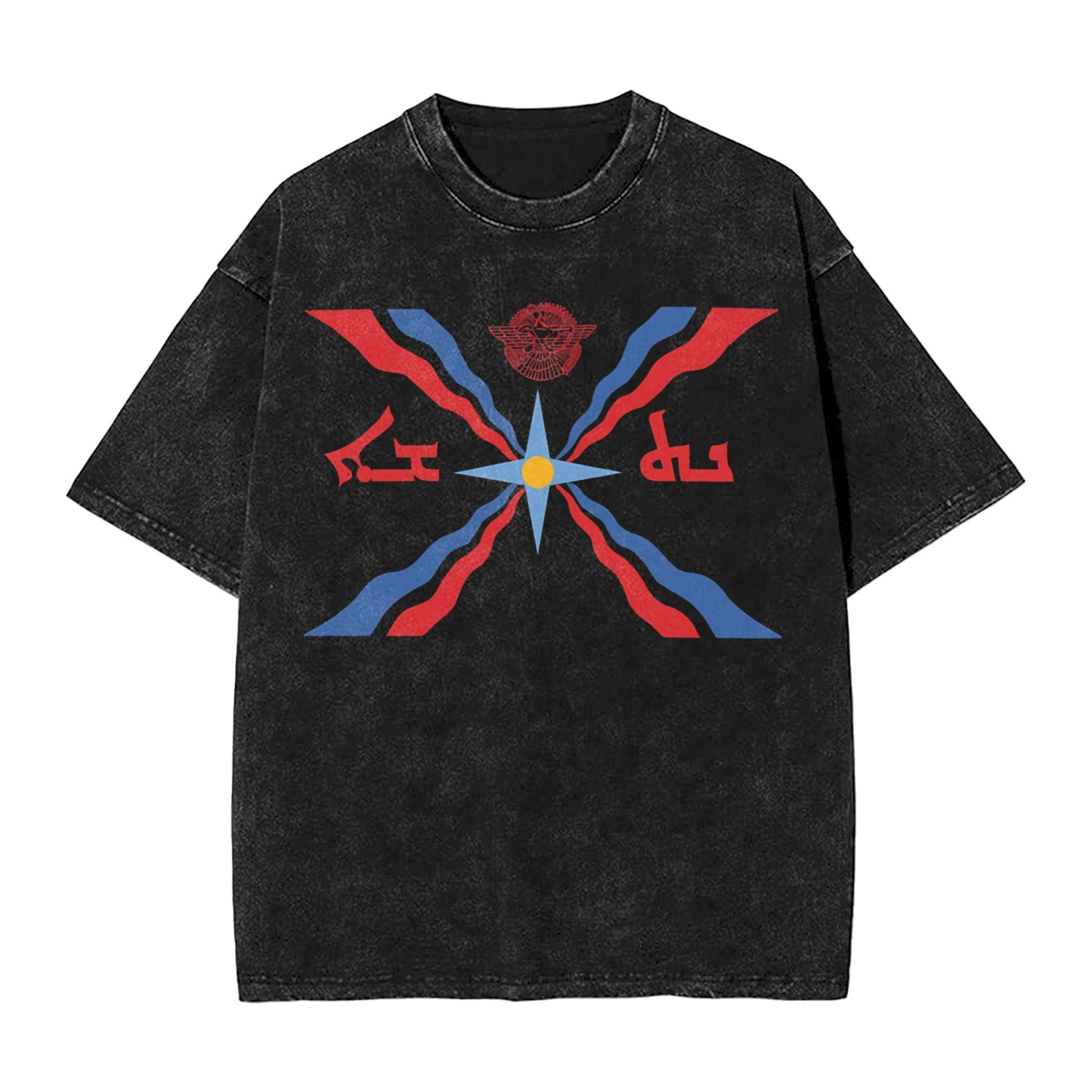 Harajuku Washed Shirt Assyrian Flag Apparel Vintage TShirts Oversize  Streetwear Short Sleeve Graphic Tee Shirt S