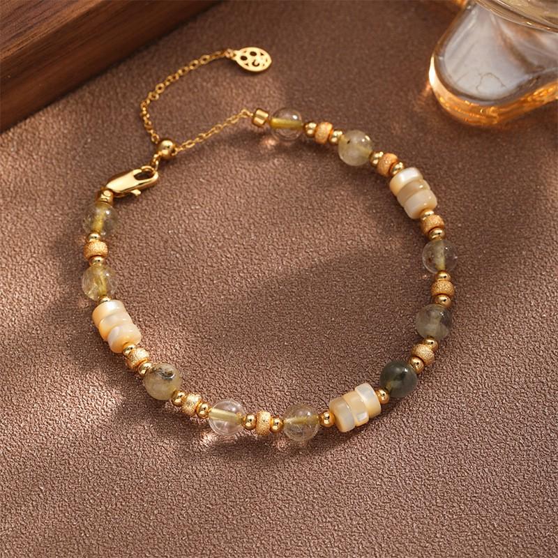 Womens Vintage-Inspired Geometric Stone Bracelet With Mother-of-Pearl Beads 18K Gold Plated Copper Adjustable Copper-plated 18K Real Gold