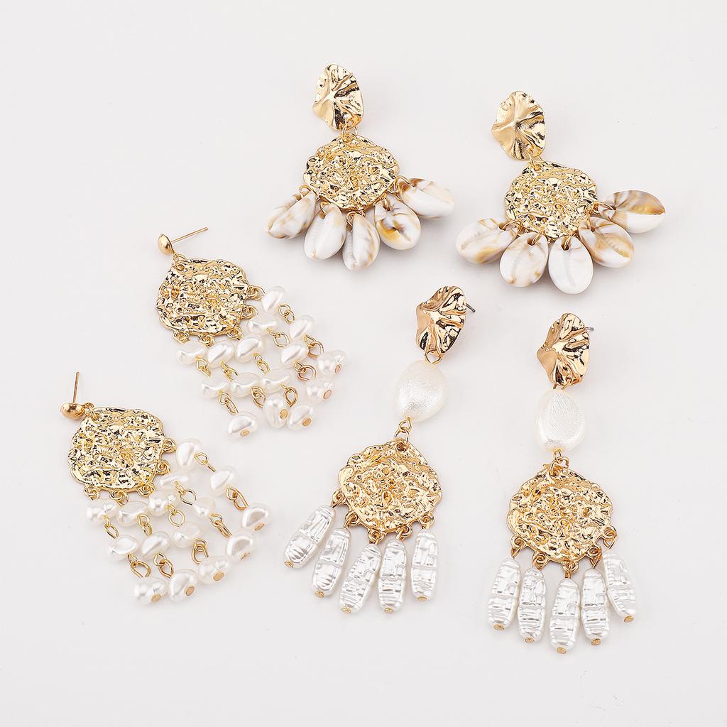 New Fashion Retro Alloy Pearl Shell Multi Layer Tassel Dangle Earrings European American Ins Style Ear Jewelry