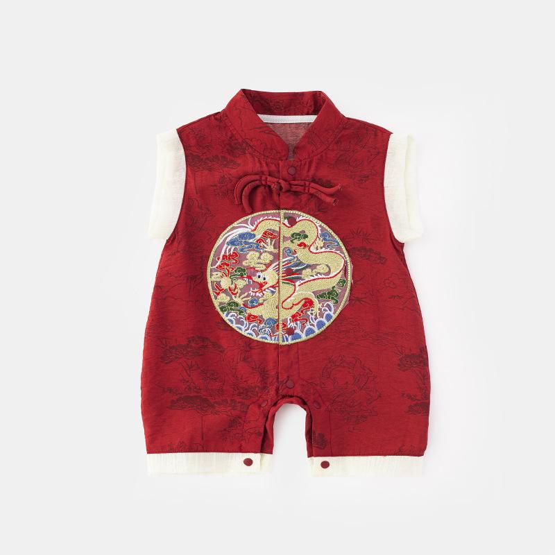 

Boys Chinese Festive Romper: Summer Harem Crawling Suit for First Birthday Banquet (Style 5303). 90 cm