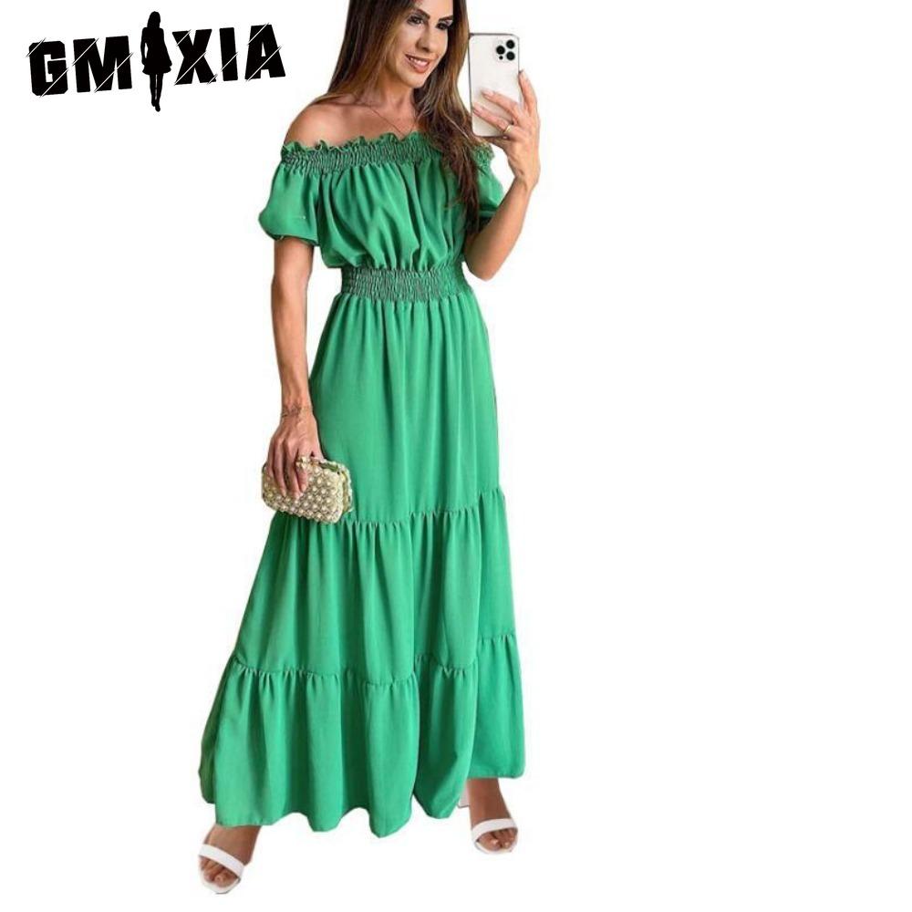 GMXIA Długa sukienka z odkrytymi plecami i elastyczną talią Popularny styl bohemy z odkrytymi ramionami