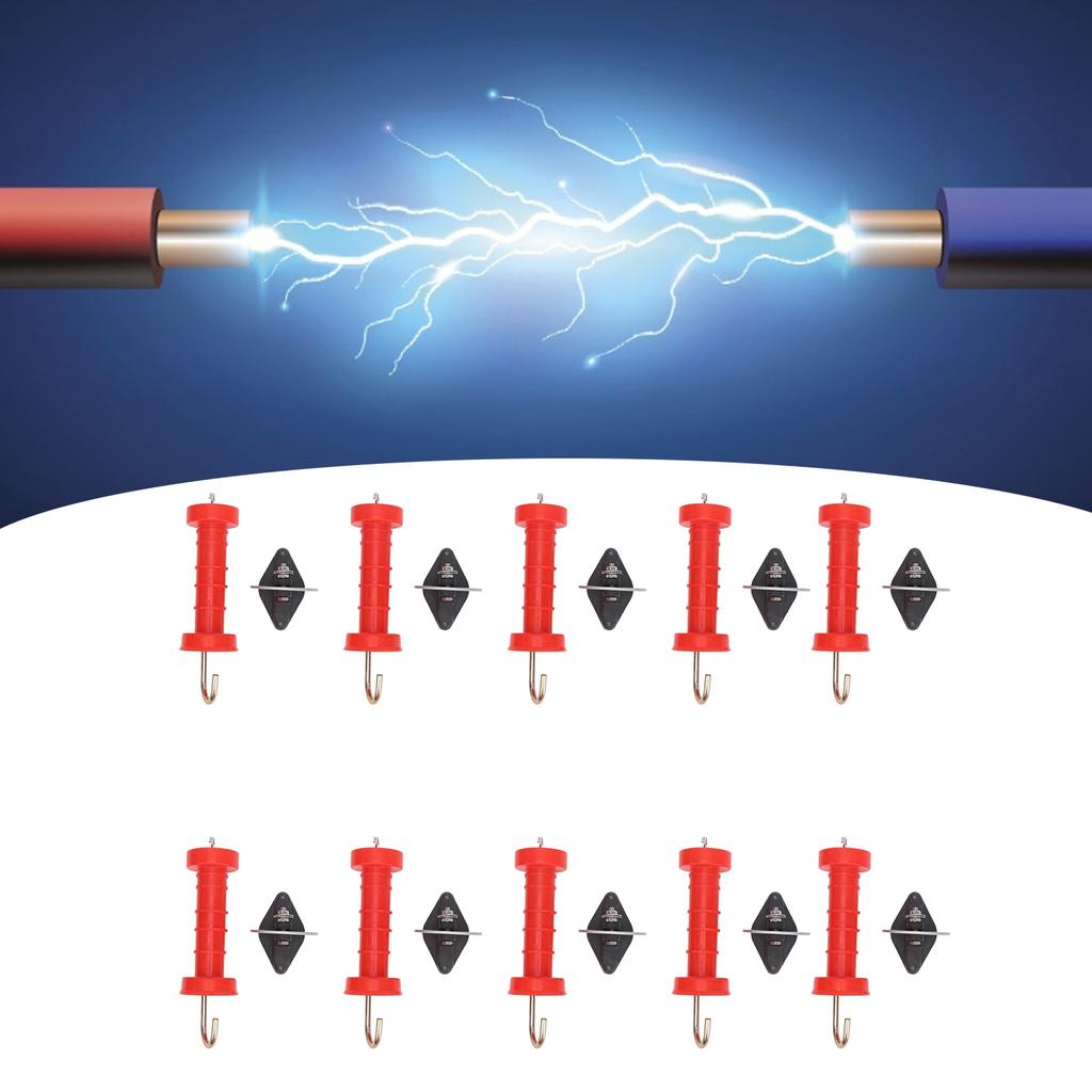 10Pcs Electric Fence Gate Handles Red ABS Heat Cold Resistant with 10Pcs Insulators