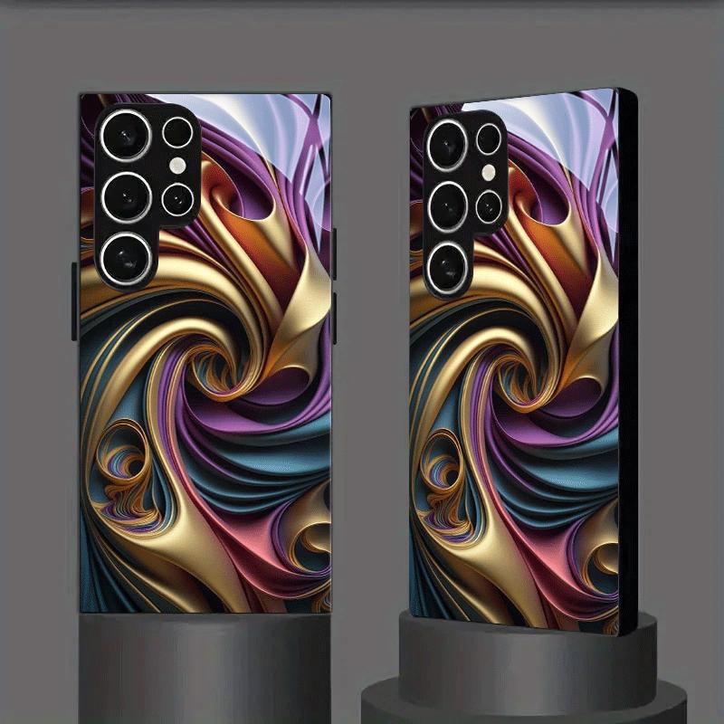 Purple Gold Flowing Ribbon Pattern Glass Phone Case Suitable for Samsung Galaxy S26 S25 S24 S22 S21 S20 FE/Ultra/Plus Anti Drop