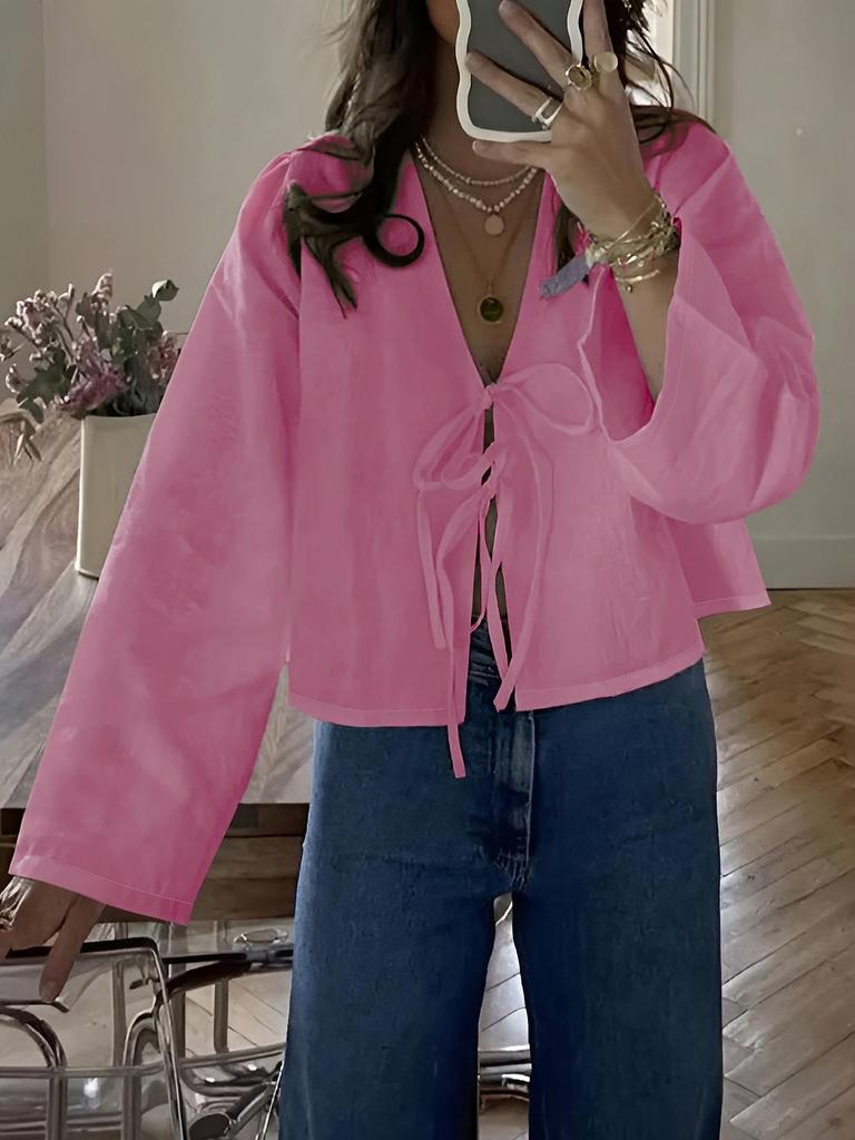 2025 Summer White Lace Up Shirts For Women‘s Elegant Loose Long Sleeve V-neck Blouse Female Solid Causal Street Chic Lady Tops