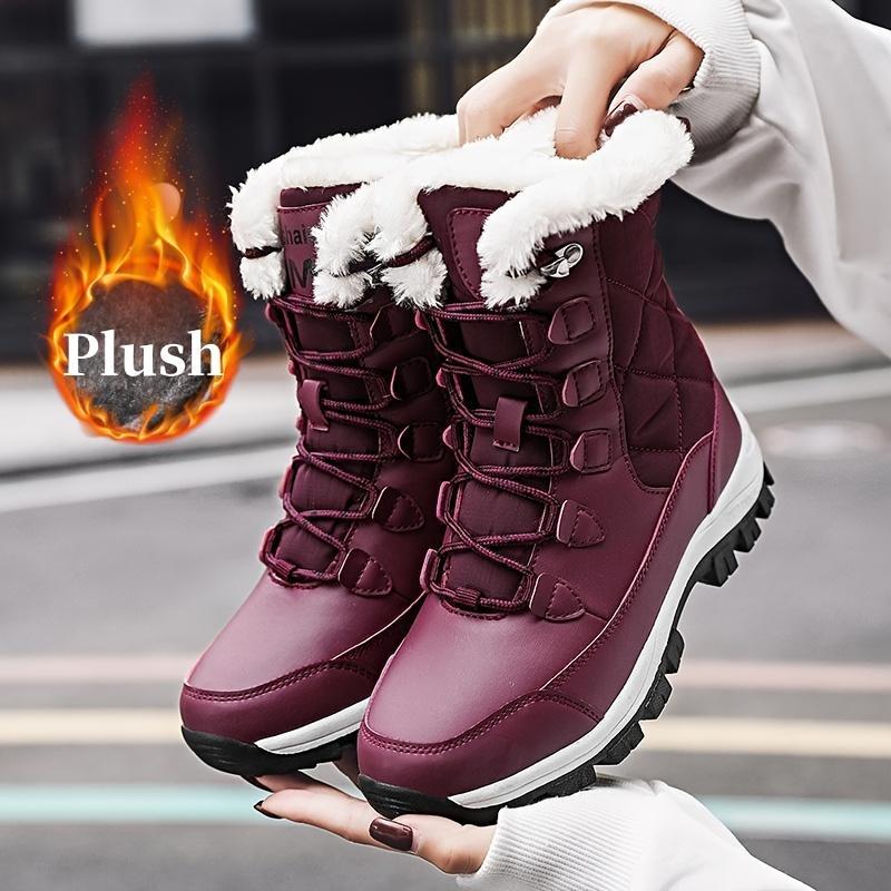 Women's High-Top Snow Boots, Solid Color, Round Toe, Warm Plush Lining, Anti-Slip Rubber Sole, Durable Fabric Insole, Man-Made Upper - Casual Footwear