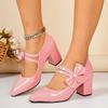 Women Patent Leather Mary Jane Pumps Bow Decor Pointed Toe Chunky Heel Shoes Fashion Party Footwear