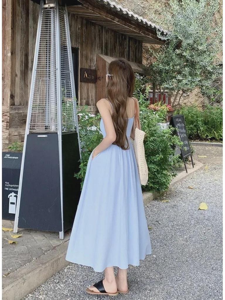Kumikumi Blue Summer 2024 Women's Slim Waist Suspender Dress