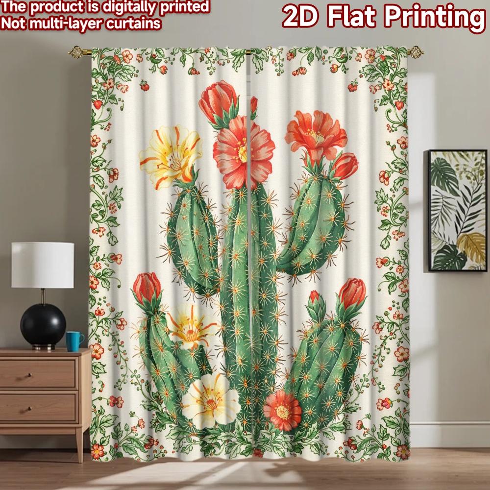 2D Flat Printing 2pcs Curtain Scene Curtains Cactus with Colorful Blooms Digital Printed Polyester Drapes Party Decorations Use