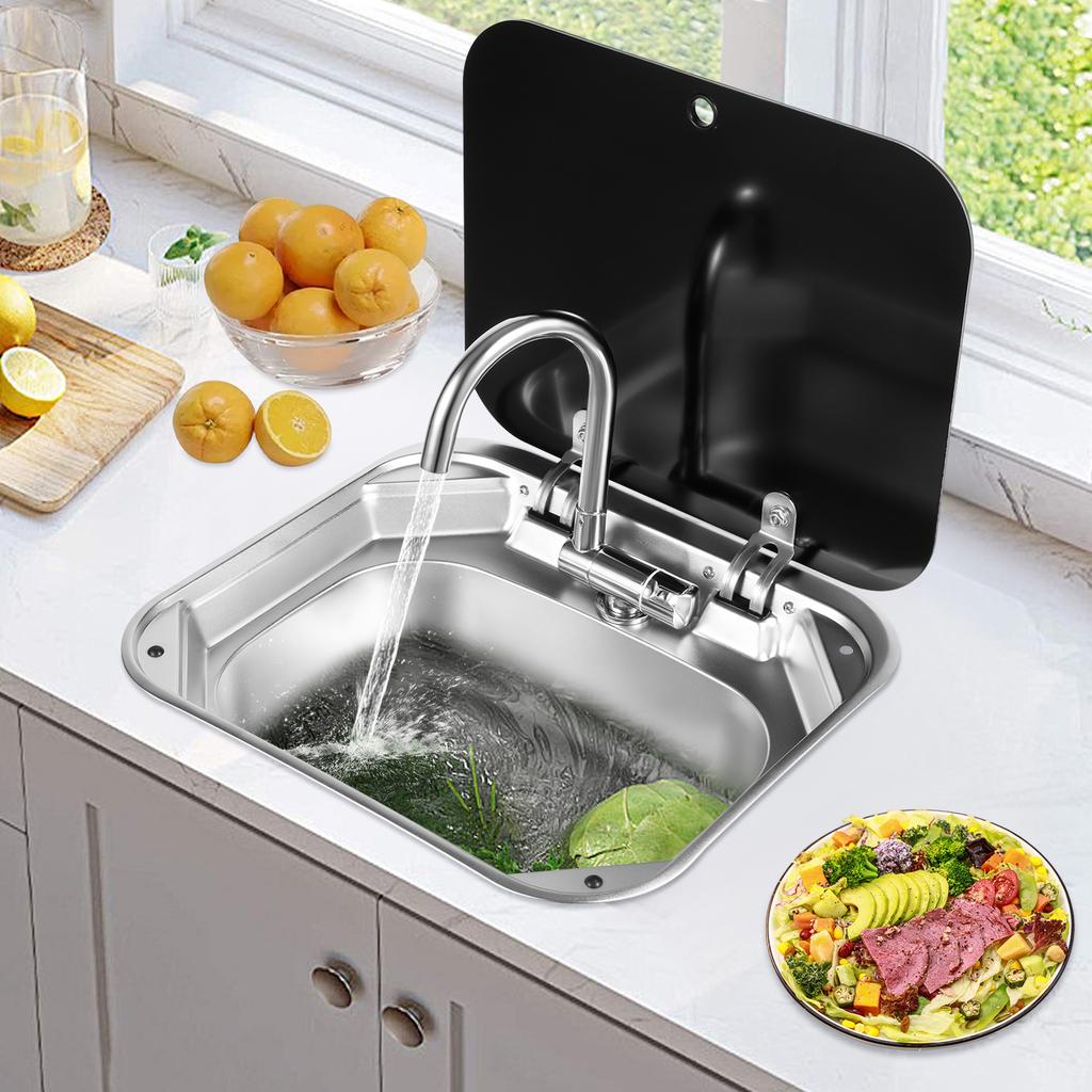 Stainless Steel RV Kitchen Sink with Faucet and Drainage Kit, Heavy-Duty Deep Hand Wash Basin for Camper Caravan Motorhome