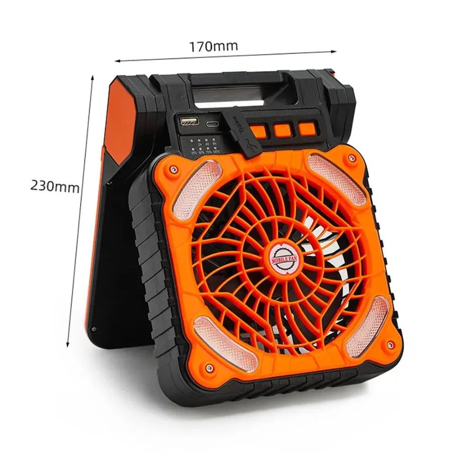 Ventilatore solare per barbecue, ventilatore da campeggio - Ventilatore portatile a 4 velocità con luce LED, regolabile a 90°, adatto per tende/uso esterno, verde/arancione