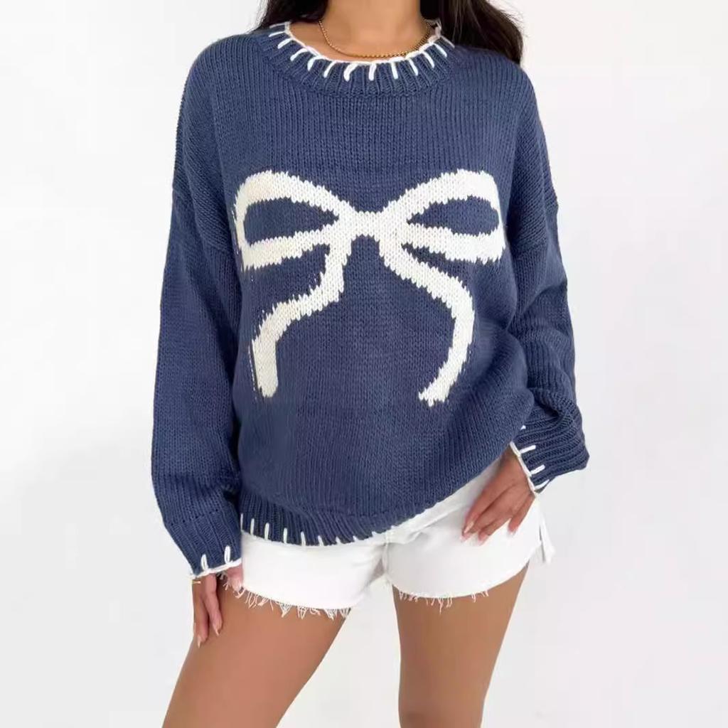 Women's Bow Jacquard Sweater Autumn/Winter Lazy Style Loose Warm Comfortable Hooded Knitted Sweater 3617