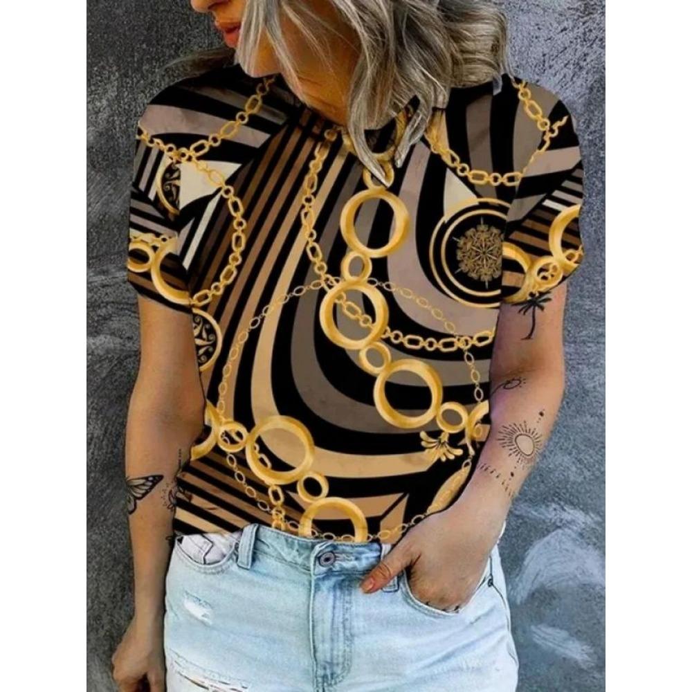 3D Printed Pattern T-shirt, Summer and Spring Short Sleeved Round Neck Casual Top, Women's Clothing