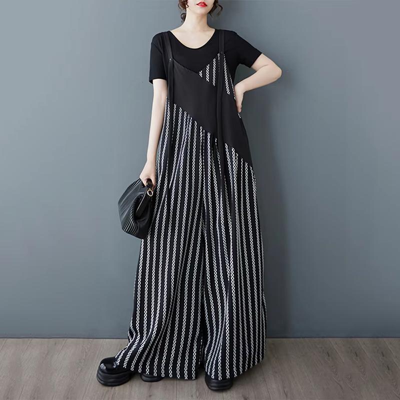 

XITAO Contrast Color Patchwork Print Jumpsuits GYX1622 One Size чёрный