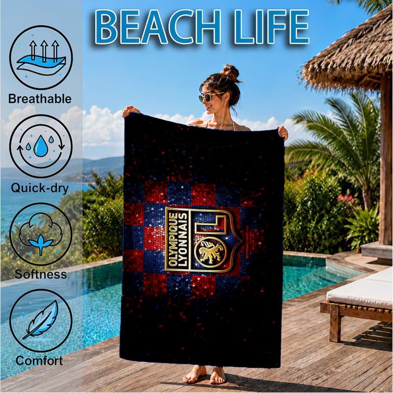 Lyon Football Crest Design Printed Microfiber Beach Towel, Soft And Absorbent, Quick-Dry, Ideal for Summer Travel, Beach Essential, Swimming Pool