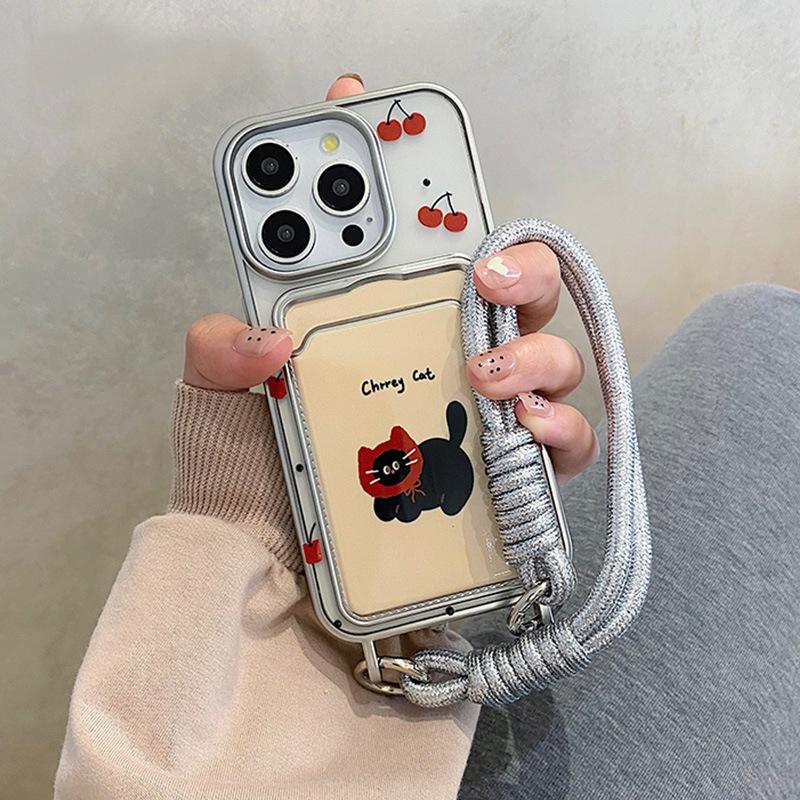 

Cute Little Black Cat Electroplated Lanyard Plug In Case Suitable for IPhone16 15 Mobile Phone Case Apple 14pro Protection Case Apple 12PROMAX