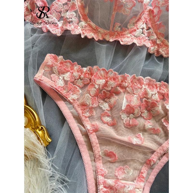 SINGREINY Mesh Sheer Lingerie Two Pieces Suits French Floral Seusual Underwear Sets Women Embroidery Sexy Bra&Briefs Sets