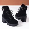 Cotton Shoes Winter New Round Toe Suede Zip Metal Buckle Platform Non-Slip Block Heel Booties