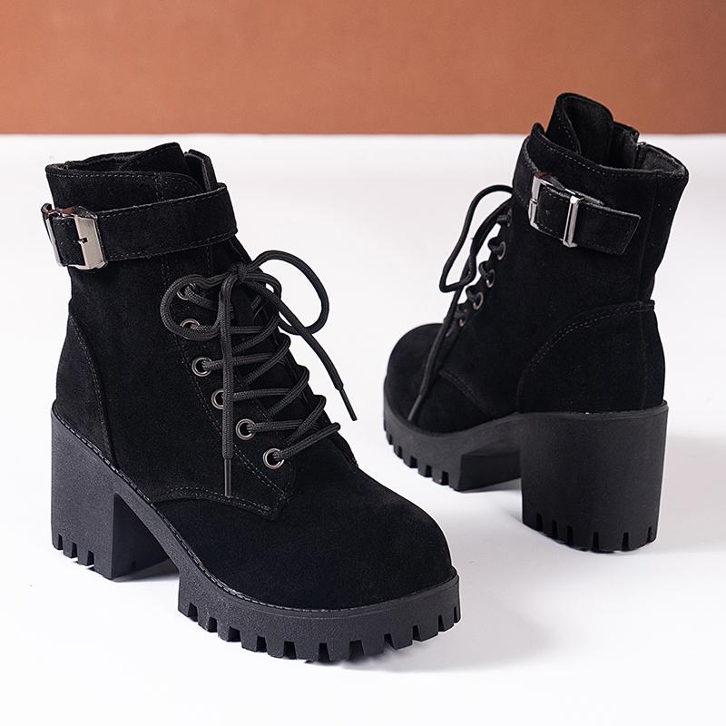 Cotton Shoes Winter New Round Toe Suede Zip Metal Buckle Platform Non-Slip Block Heel Booties
