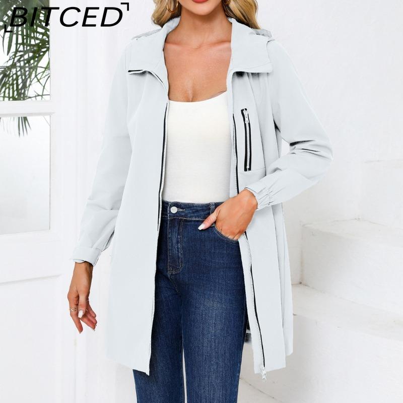 BITCED Women's Outdoor Sports Water-Resistant Trench Coat with Hood Long-Sleeved Spring/Autumn Loose-Fit Casual Windbreaker