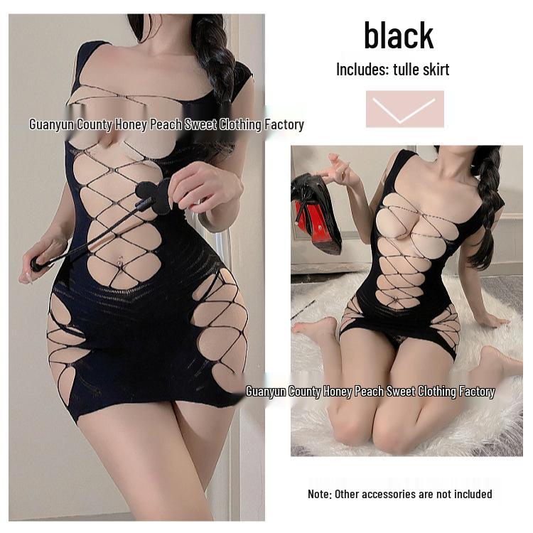 Seductive Christmas Uniform: Open-Crotch Lingerie Set with Fishnet Stockings for New Year Temptation