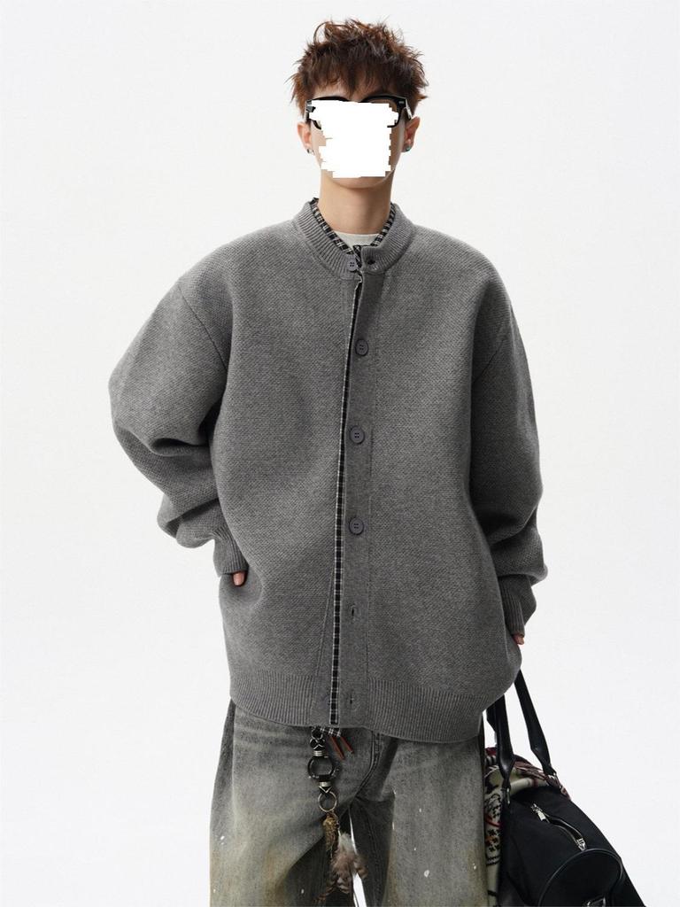 Men's Grid Patchwork Knit Cardigan - Autumn Casual Loose-Fit Sweater, Trendy and Versatile Jacket.
